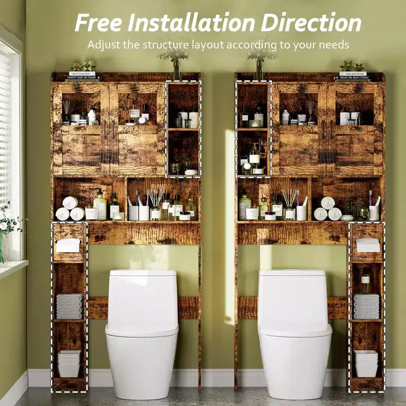 Mobiletto salvaspazio sopra il WC - Organizer e mobiletto da bagno in stile rustico da 67,4 H con ripiano regolabile e anta in vetro per bagno, lavanderia