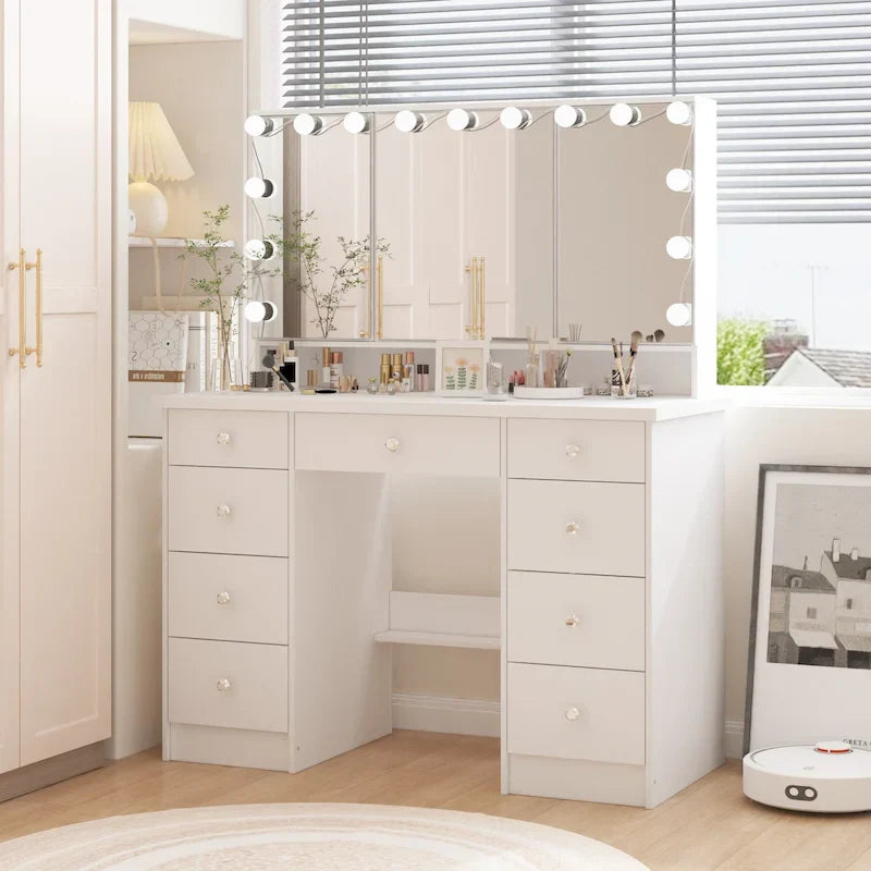 Lussuosa Toeletta da Trucco a LED con 9 Cassetti Elegante Postazione Trucco