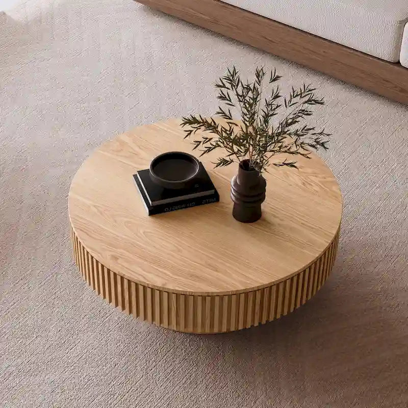 Tavolino rotondo moderno in legno massello impiallacciato con contenitore