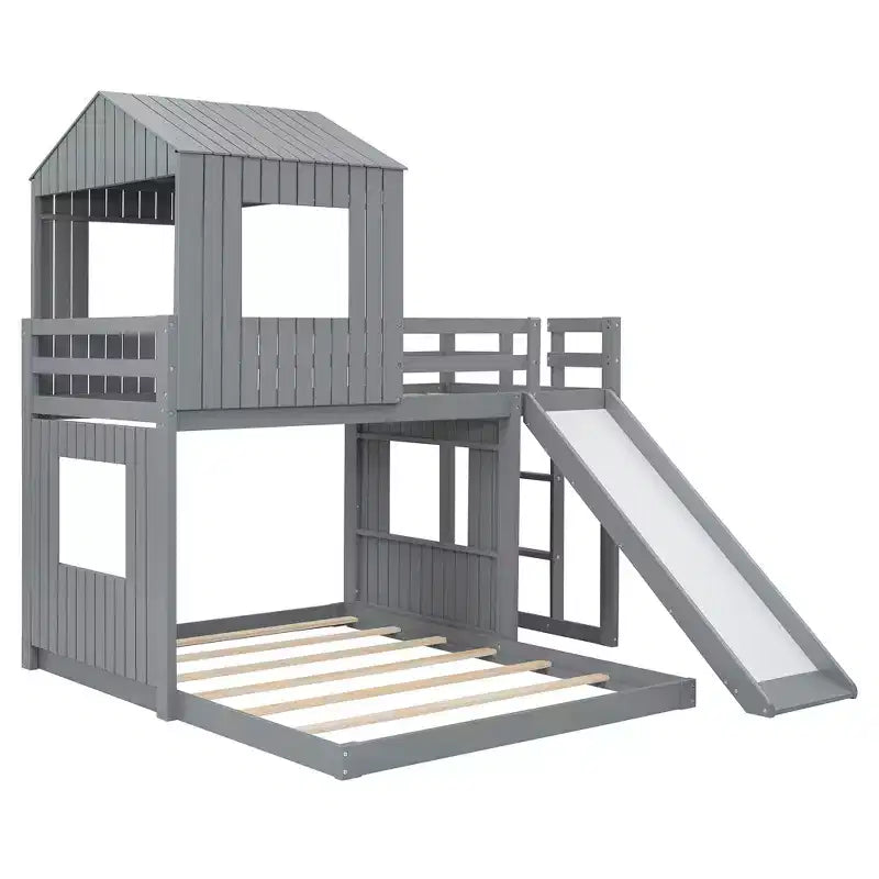 Letto a castello in legno Luxystar Twin Over Full con casetta da gioco, scivolo e sponde di protezione