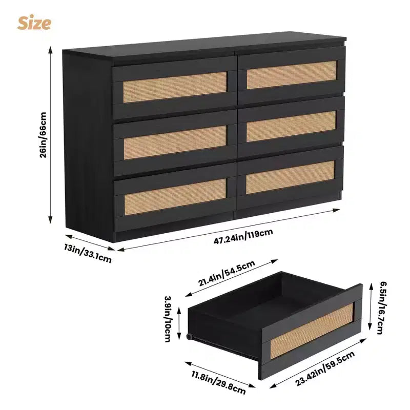 Cassettiera in Rattan per Camera da Letto con 6 Cassetti, Comò Largo Moderno in Stile Fattoria da 120 cm, Mobile Contenitore in Legno per Armadio, Soggiorno, Corridoio
