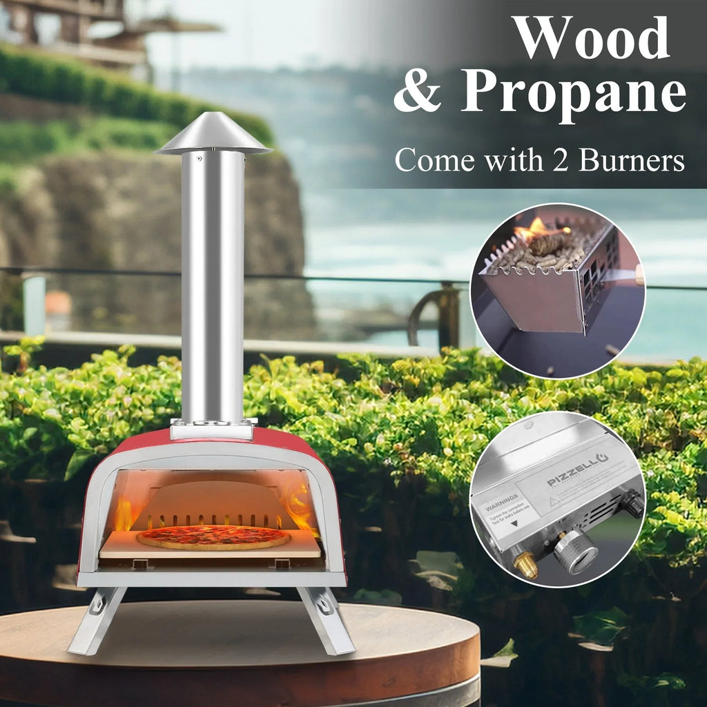 Forno per pizza da esterno multifuel per pizza con bruciatore a gas e contenitore per legna - 12 pollici