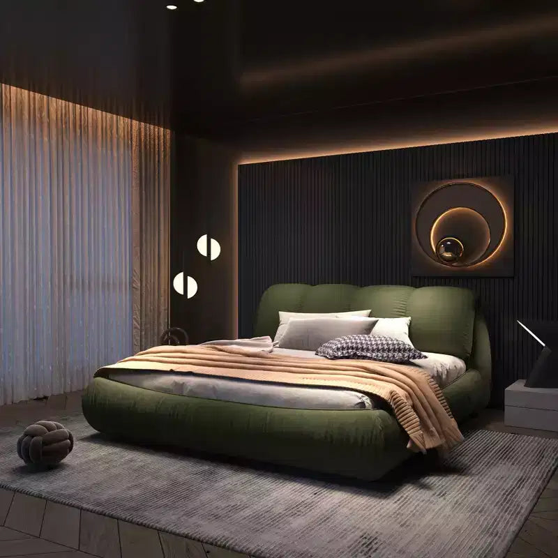 MAYEERTY Letto a Piattaforma Queen Size di Lusso Rivestito in Tessuto con Testiera Imbottita Oversize e Struttura in Legno Massello Verde
