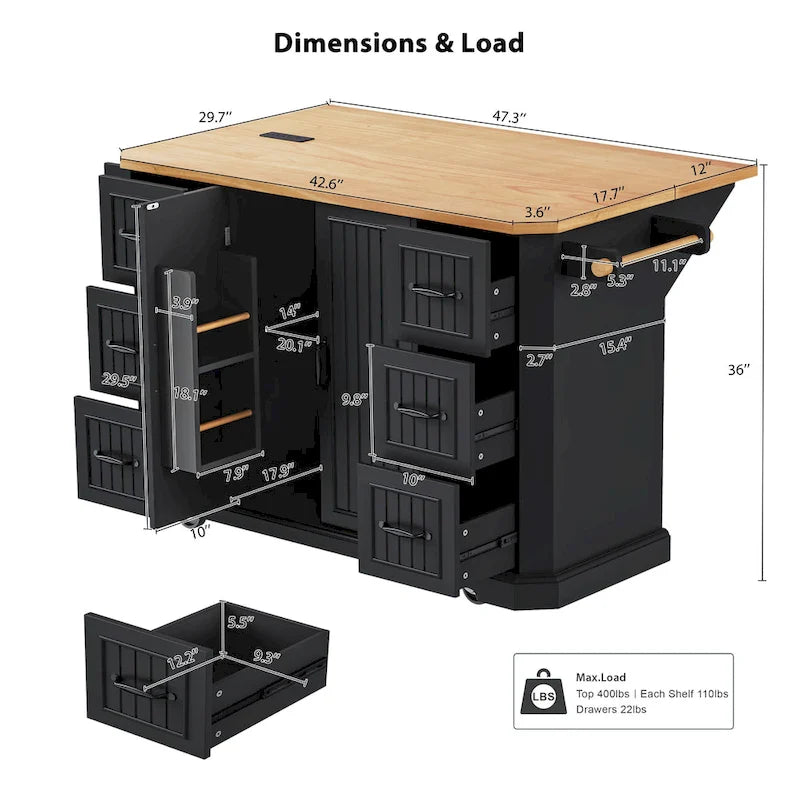 Isola Cucina Espandibile con Ante a Scomparsa, Carrello Cucina su 4 Ruote con Presa Elettrica, Tavolo Isola Mobile con 2 Ante e 6 Cassetti