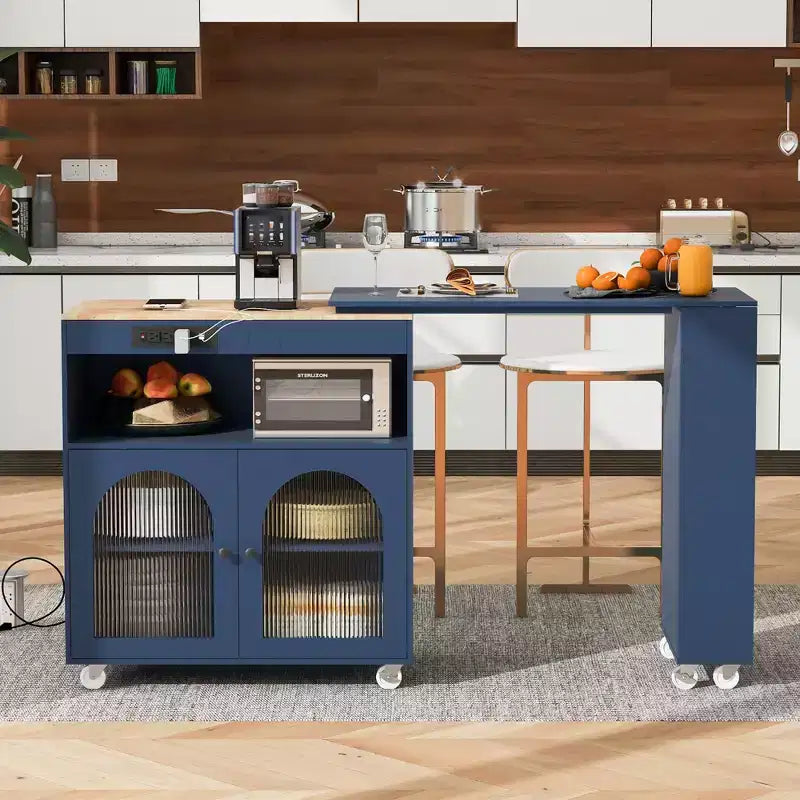 Îlot de cuisine roulant avec 2 portes en verre, Desserte de cuisine avec table extensible et prises de courant, Îlot de cuisine avec étagères ouvertes latérales
