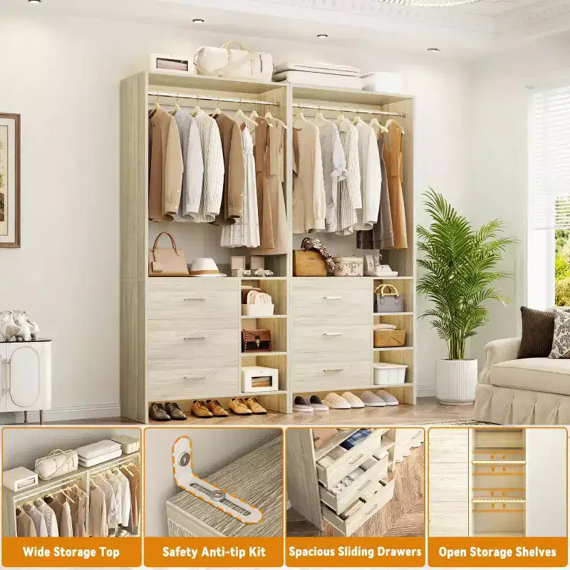 Besiost Set di 4 organizer per armadio con cassetti in legno e aste appendiabiti