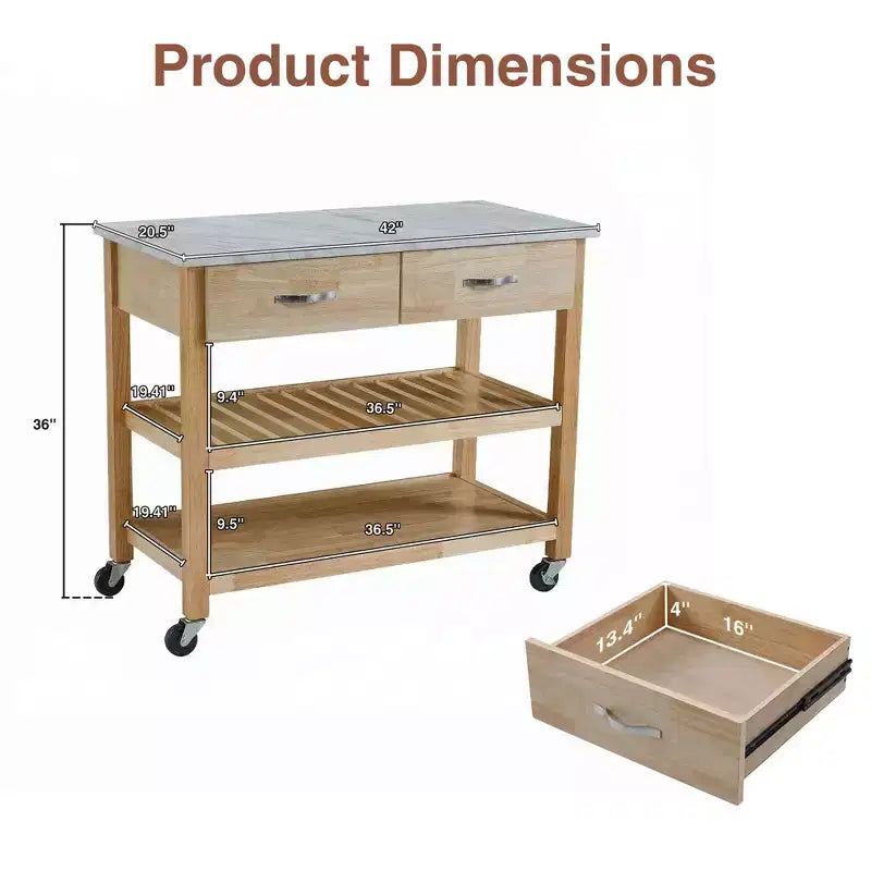 Carrello da Cucina su Ruote con Piano in Marmo, Isola da Cucina in Legno Massello con 2 Cassetti, Carrello da Cucina a 3 Livelli con Ruote Staccabili Bloccabili e Portasciugamani