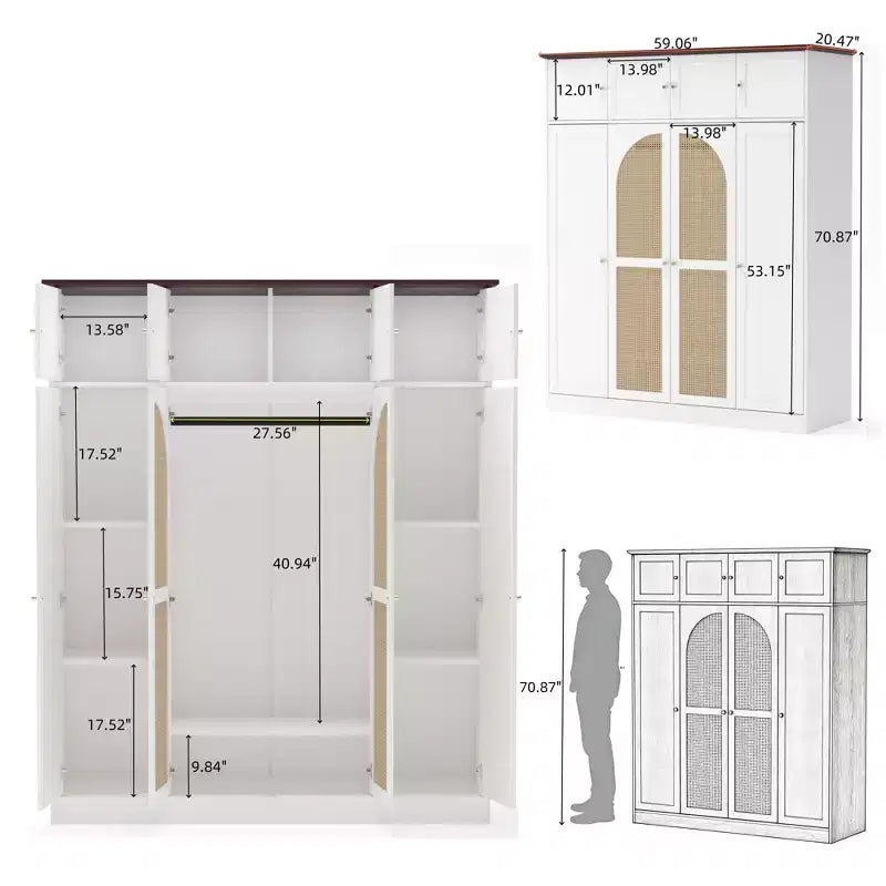 Armadio Guardaroba a 8 Ante di Grande Capacità, Alto 180 cm, con Asta Appendiabiti, Ripiani Regolabili e Ante Decorative in Rattan