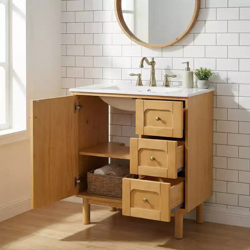 Mobile lavabo JVNOXK da 30 pollici, rustico e moderno, in ceramica, con 3 cassetti e 1 anta grande con chiusura ammortizzata, mobile contenitore, venatura del legno naturale