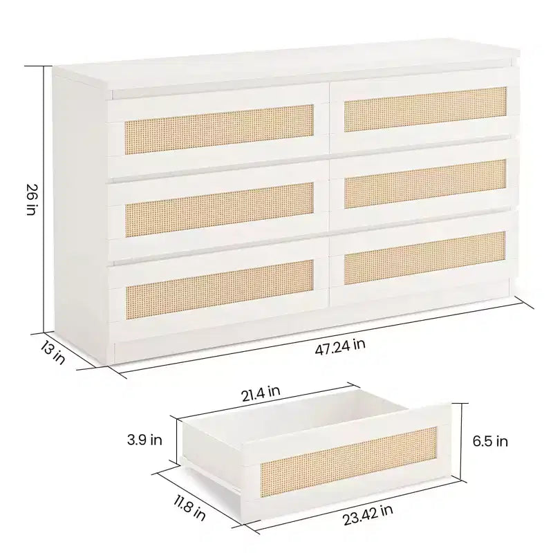 Cassettiera in Rattan per Camera da Letto con 6 Cassetti, Comò Largo Moderno in Stile Fattoria da 120 cm, Mobile Contenitore in Legno per Armadio, Soggiorno, Corridoio