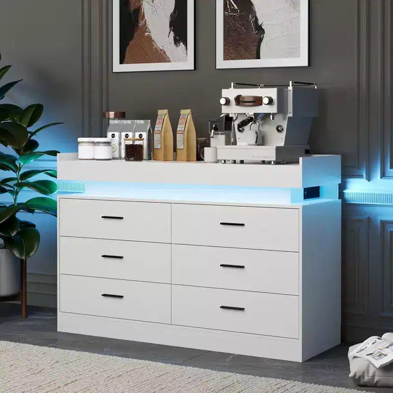 Mobile TV moderno con 6 cassetti e luci LED, bancone galleggiante per caffè/bar, per soggiorno, centro di intrattenimento
