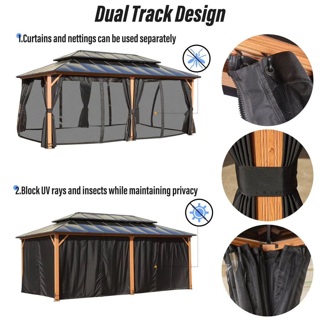 EROMMY Gazebo a tetto rigido, Pergola da esterno con doppio tetto, zanzariere e tende, Tenda da sole resistente per patio, cortile, feste in piscina