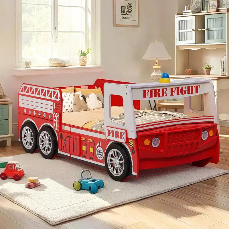 GDFStudio Juna Letto Singolo a Forma di Camion dei Pompieri con Luci LED