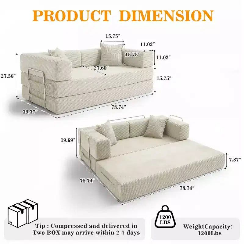 Dyonery 78Divano Letto Pieghevole Convertibile in Corduroy King Size Divano Letto a Pavimento Combinazione 4-in-1 Divano Modulare Componibile Divano Comodo Pieghevole.
