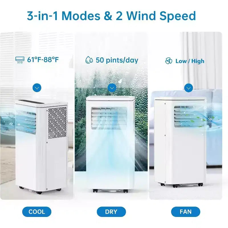 Condizionatore portatile da 10000 BTU, climatizzatore domestico con telecomando per ambienti fino a 42 mq, funzioni 3-in-1/timer 24 ore/ruote piroettanti
