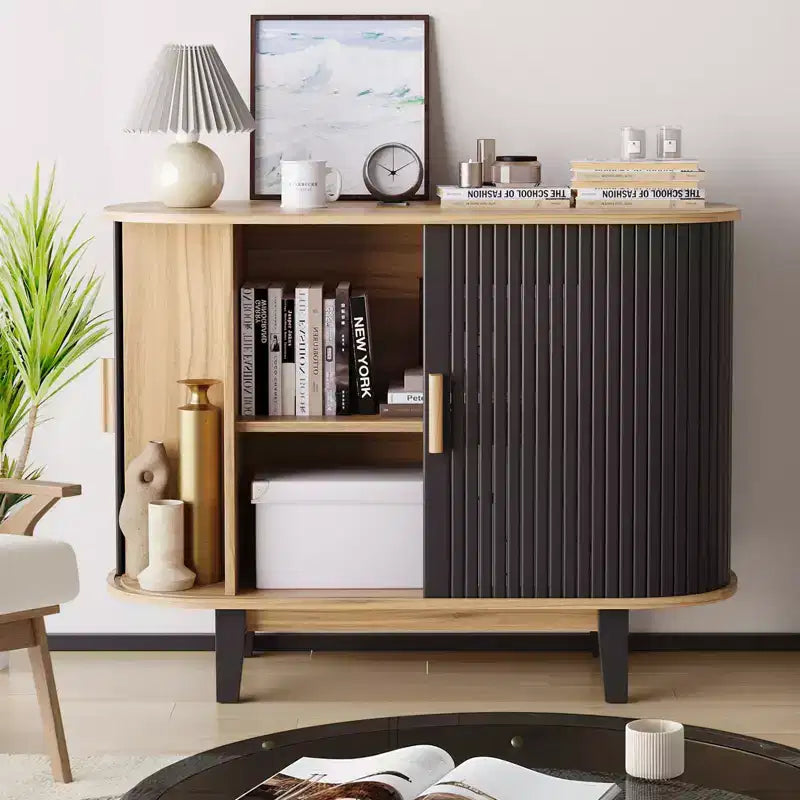 Mobile credenza a coste da 40'', armadio contenitore con anta scorrevole e ripiano regolabile, credenze moderne, mobile bar a serrandina