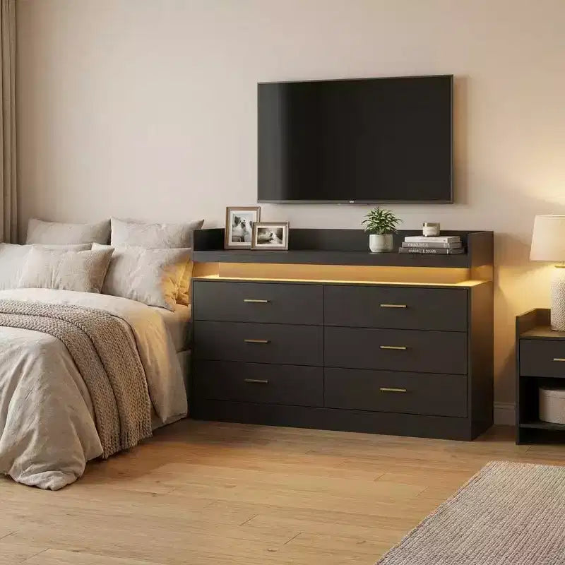 Mobile TV moderno con 6 cassetti e luci LED, bancone galleggiante per caffè/bar, per soggiorno, centro di intrattenimento