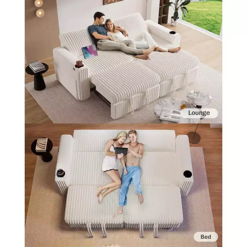 Divano Letto Sezionale Dyonery 91 con Letto Estraibile, Schienale Reclinabile/Due Letti Estraibili/Porte USB/Portabicchieri, Velluto a Coste Peluche