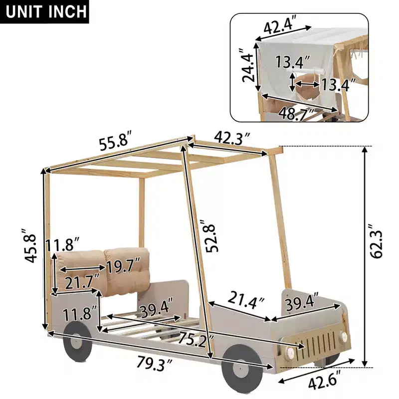 Letto a forma di Auto Whisen in Legno con Cuscino, Baldacchino in Tessuto e LED - Naturale