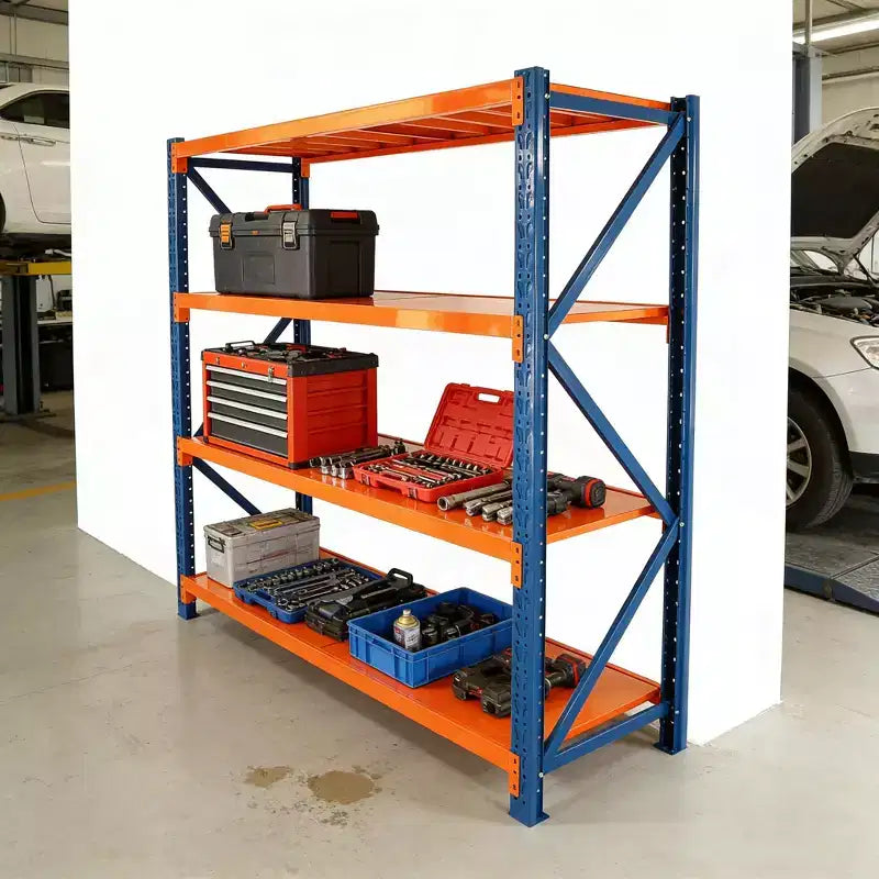 Scaffali per garage VIYET per impieghi gravosi, scaffalature in metallo regolabili a 4 ripiani con capacità di 2000 kg, stoccaggio industriale blu e arancione per negozio commerciale/attrezzi/palestra