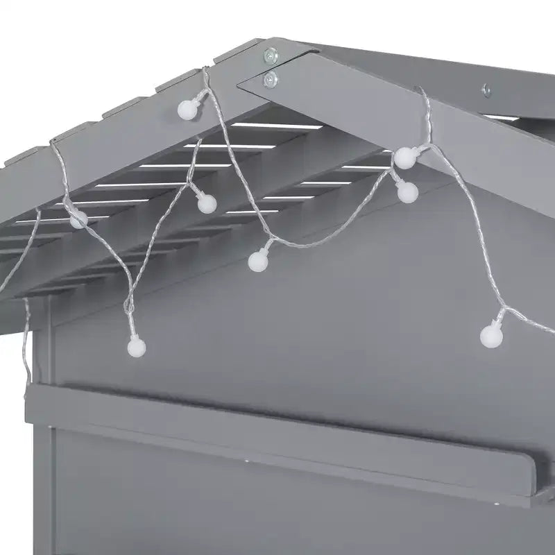 Letto a capanna per bambini con scaffali e sponde, Struttura letto in legno stile Montessori per bambini con finestra e striscia luminosa scintillante