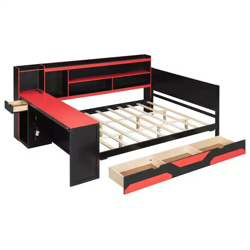Letto a Giorno Gamer Hub con Scrivania, Luci RGB, Stazione di Ricarica, Cassetti e Testiera Libreria