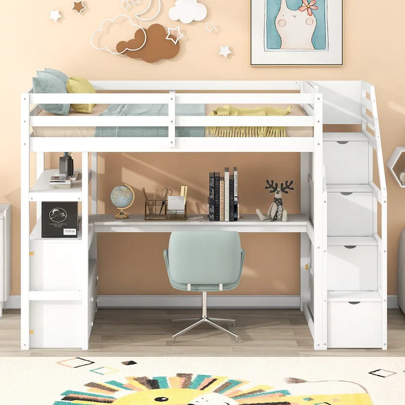 Letto a soppalco singolo con scrivania e mensole, due cassetti integrati, scala contenitore