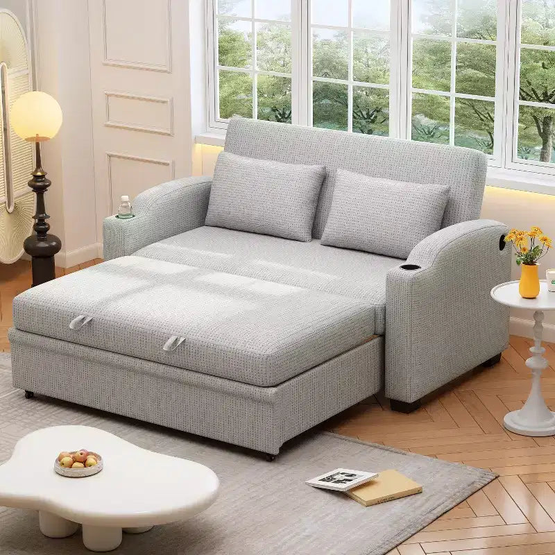 61.6 Canapé-lit convertible moderne en chenille avec ports USB, porte-gobelets et dossier réglable pour salon, appartement