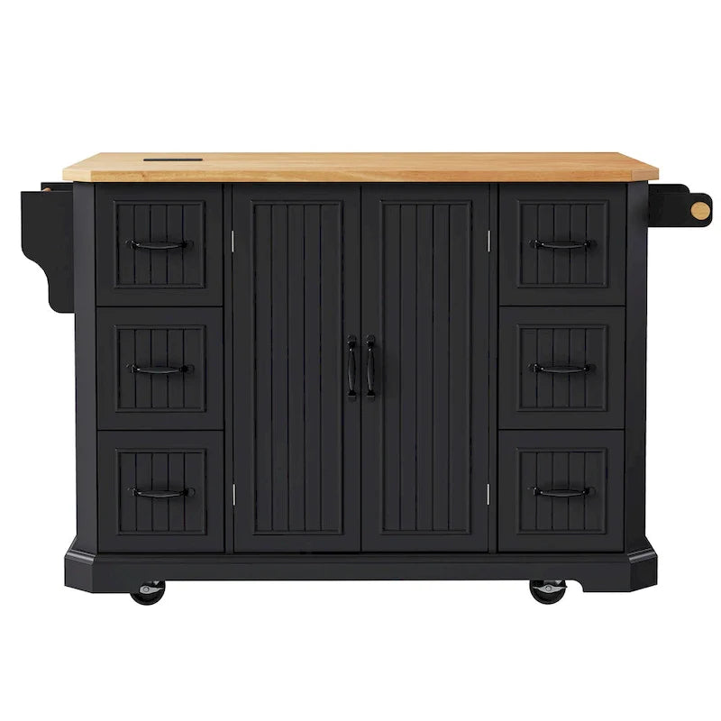 Isola Cucina Espandibile con Ante a Scomparsa, Carrello Cucina su 4 Ruote con Presa Elettrica, Tavolo Isola Mobile con 2 Ante e 6 Cassetti