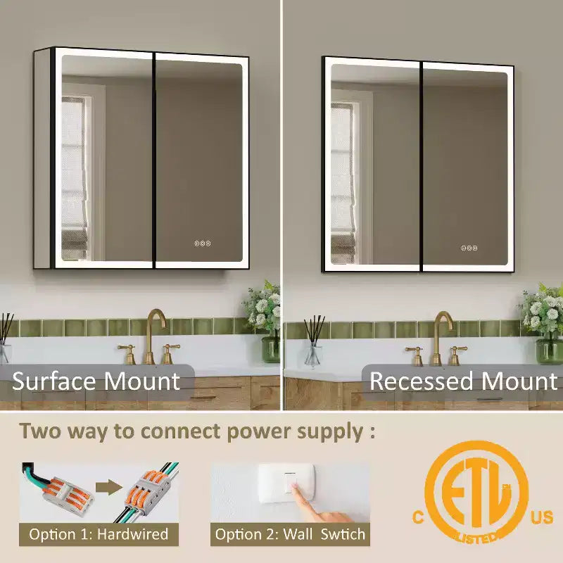 Pensile da Bagno con Specchio LED, Montaggio a Superficie o Incasso, Luce Dimmerabile, Antiappannamento, Ripiani Regolabili