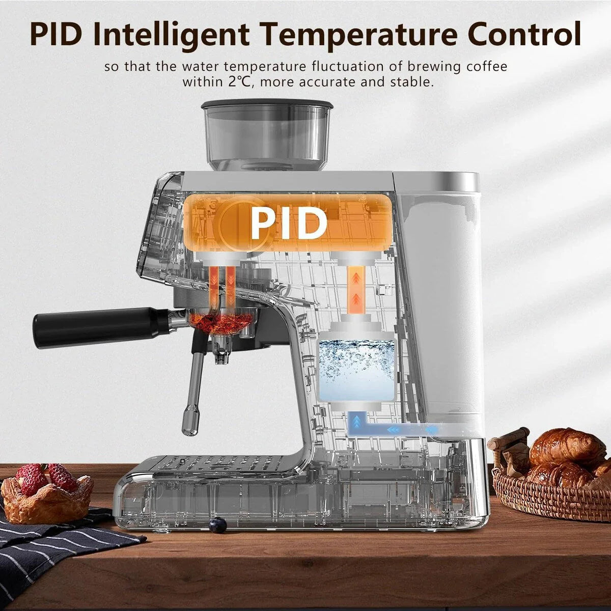 Macchina da Caffè Semi-automatica con Controllo Intelligente della Temperatura e Funzione Acqua Calda, 30 Impostazioni di Macinatura