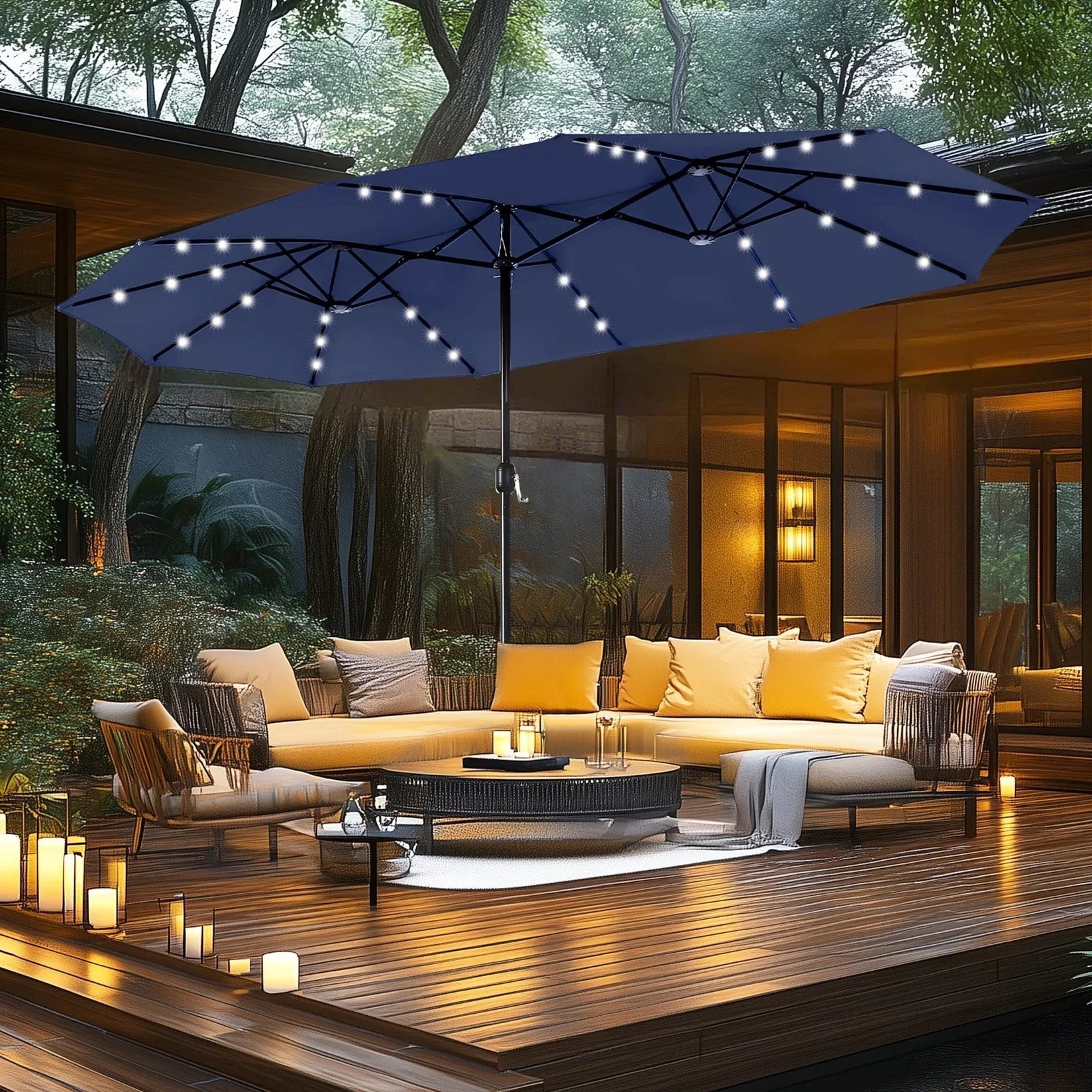 MAISON ARTS Ombrellone rettangolare da esterno a manovella con doppia falda da 4,5 metri, con luci a LED solari e base inclusa