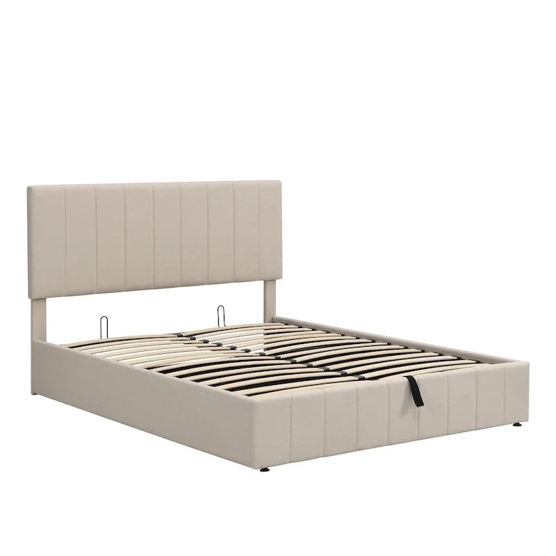 Letto imbottito Queen size con sistema di sollevamento idraulico e vano contenitore - Beige