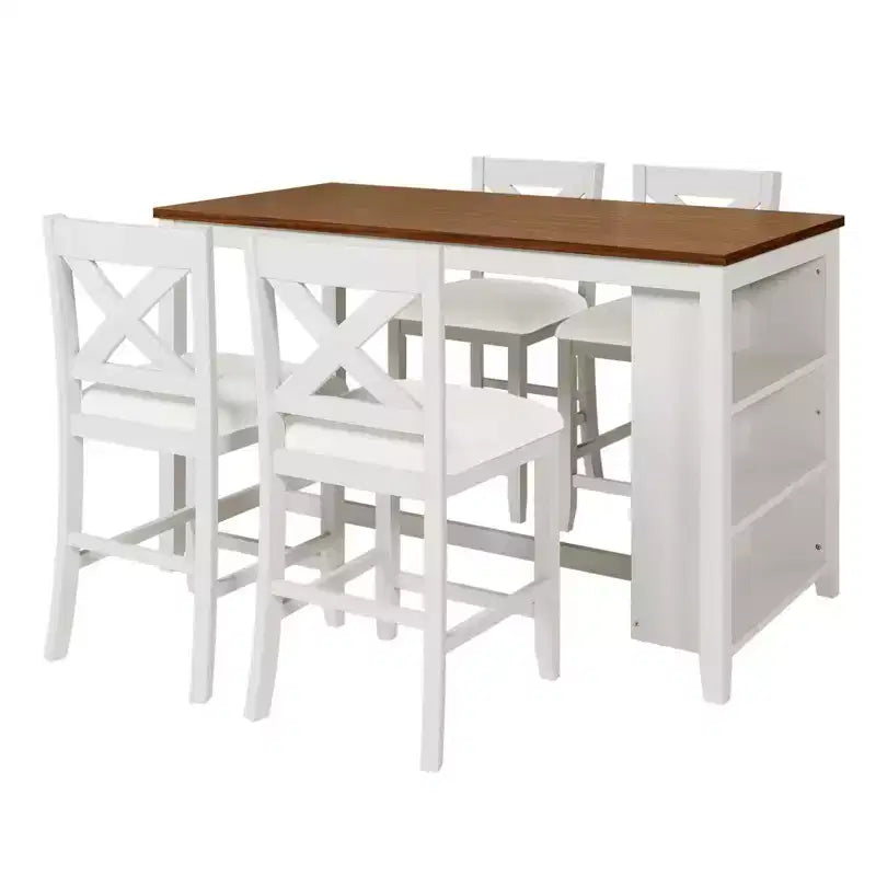 Set da pranzo Homy Casa 5 pezzi, tavolo e sedie altezza bancone con mensole, bianco e noce, stile moderno rustico