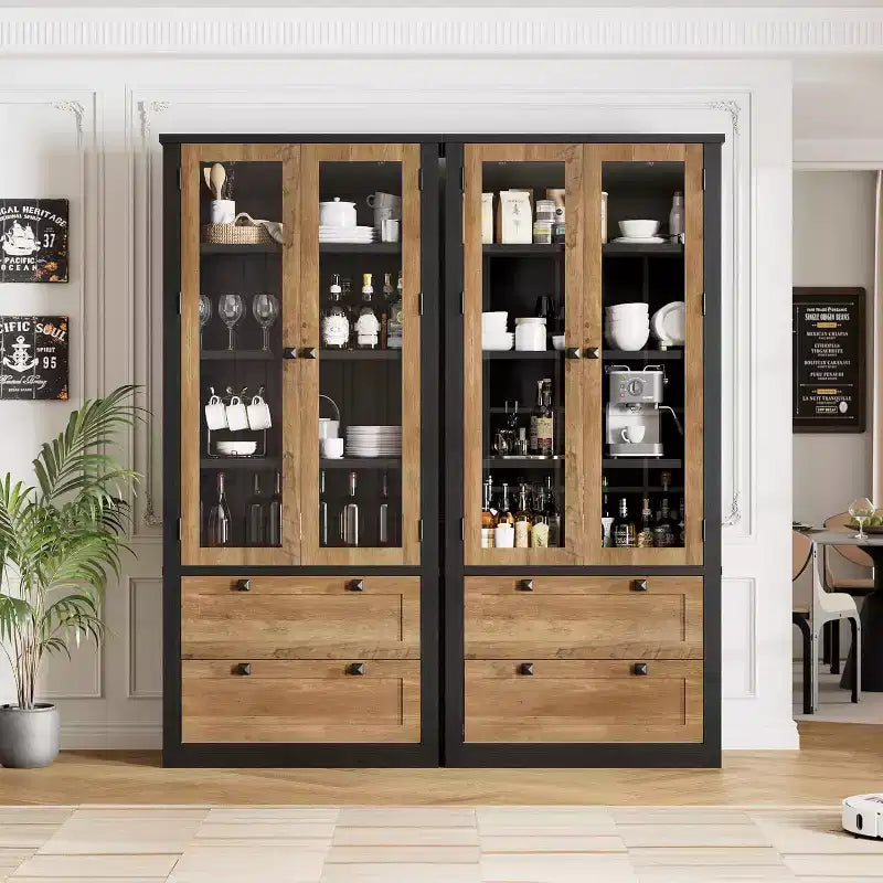 Dispensa da Cucina Coloniale con Ante in Vetro, Armadio Contenitore da 72 pollici con Cassetti e Ripiani Regolabili per Sala da Pranzo Bagno Soggiorno
