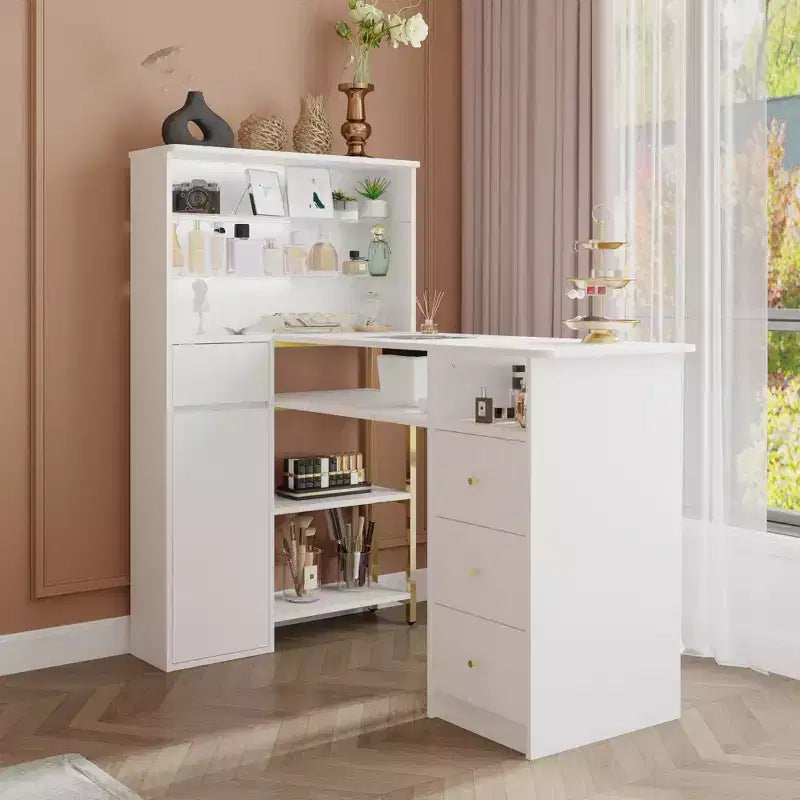 Tavolo Unghie Bianco con Aspiratore Integrato, Vetrina in Vetro Temperato, Maniglie Dorate, Postazione Salone Unghie, Tavolo Trucco