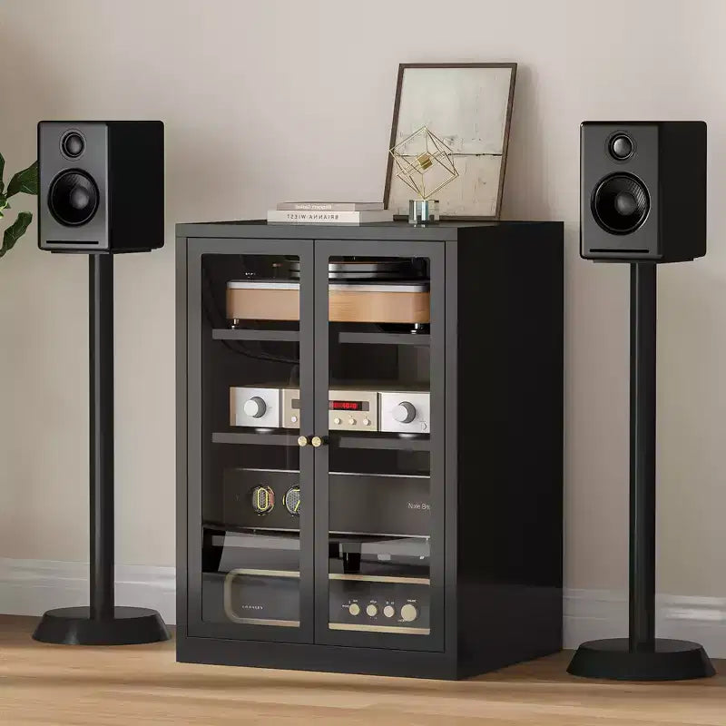 Bekrvio Mobiletto in Metallo, Mobile Stereo a 4 Livelli con Ante in Vetro e Ripiani Regolabili, Rack Audio AV con Gestione Cavi