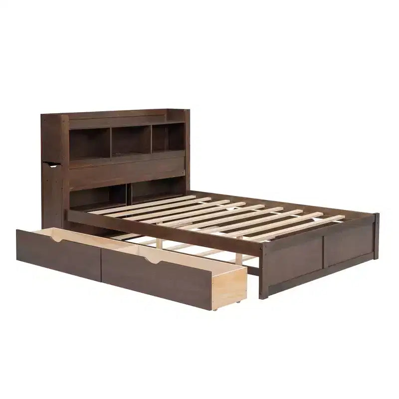 Letto matrimoniale con contenitore, rotelle estraibili, testiera libreria e stazione di ricarica, struttura letto in legno matrimoniale con mensole e cassetti