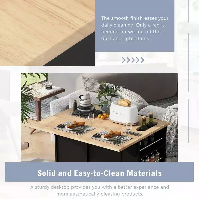 Isola da Cucina Mobile con Presa di Corrente, Piano Ribaltabile e Top in Legno di Gomma