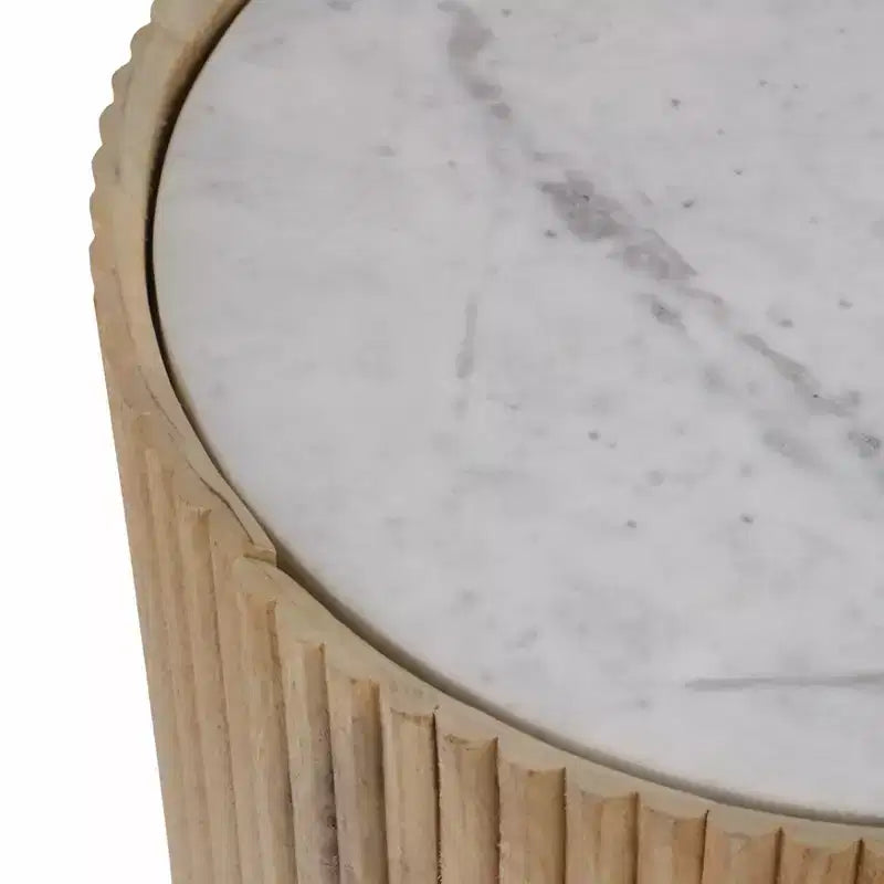 Tavolino Laterale Decorativo in Legno Scanalato con Piano in Marmo e Spazio Contenitivo - Piccolo Tavolino d'Appoggio per Arredo Camera da Letto o Soggiorno