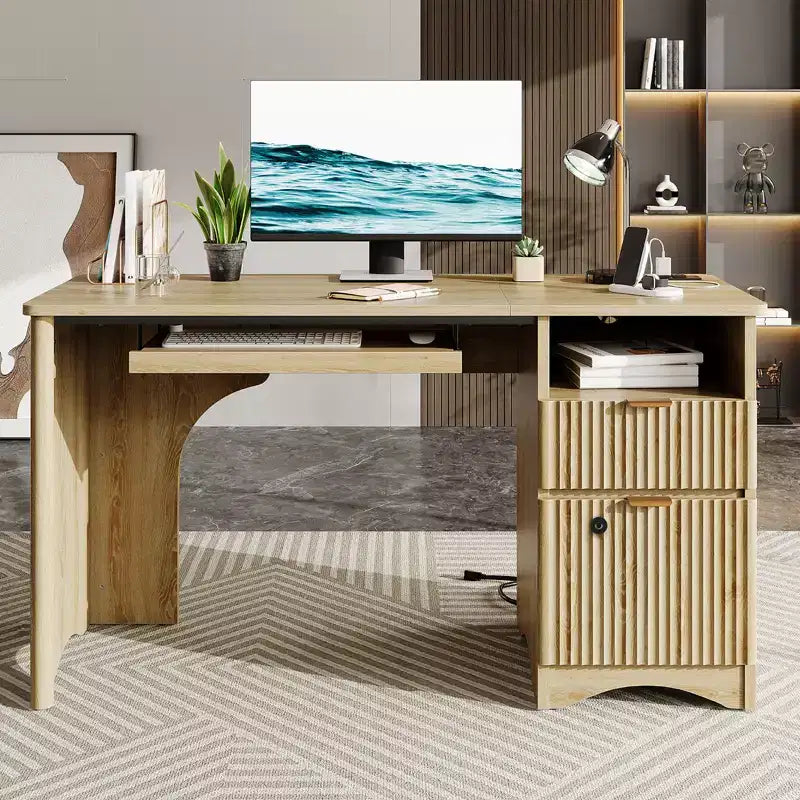 Bureau d'ordinateur intelligent Bestier 55, bureau en chêne avec tiroirs de classement et prise de courant, bureau de direction avec rangement ouvert et tiroir à clavier