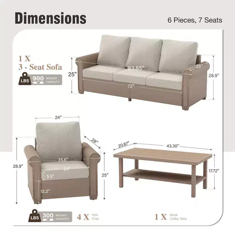 Captiva Designs Set Divano da Conversazione da Esterno di Lusso in Vimini a 6 Pezzi con Braccioli Curvi e Cuscini