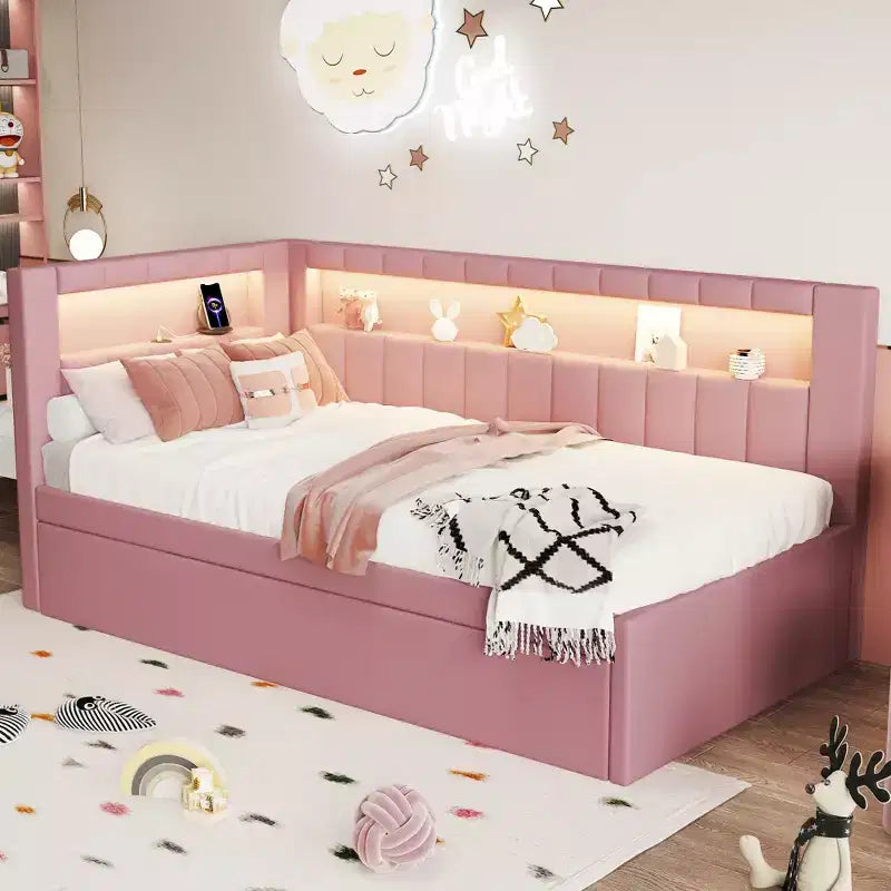 Letto da Giorno Twin/Full con Letto Estraibile e Testiera a Libreria a L, Letto Angolare Imbottito in Lino con Ripiani Portaoggetti e Cinghia a LED