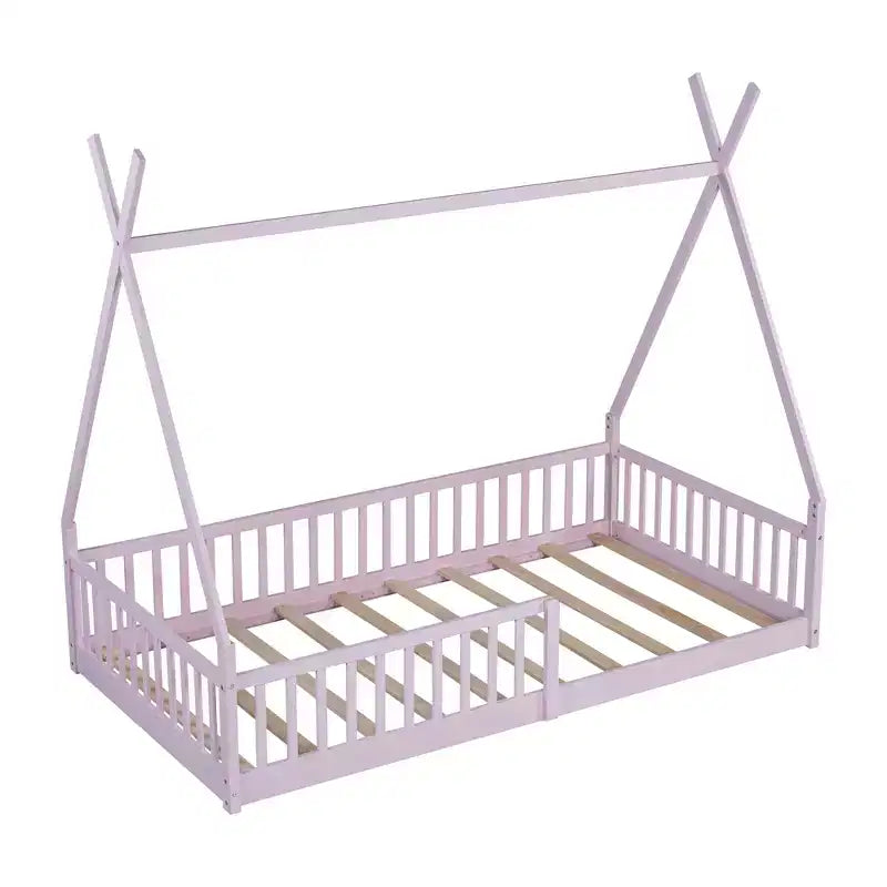 Letto a pavimento per bambini, letti a tenda a una piazza, letto a pavimento Montessori con doghe e sponde di protezione, struttura letto a casetta in legno per ragazzi e ragazze