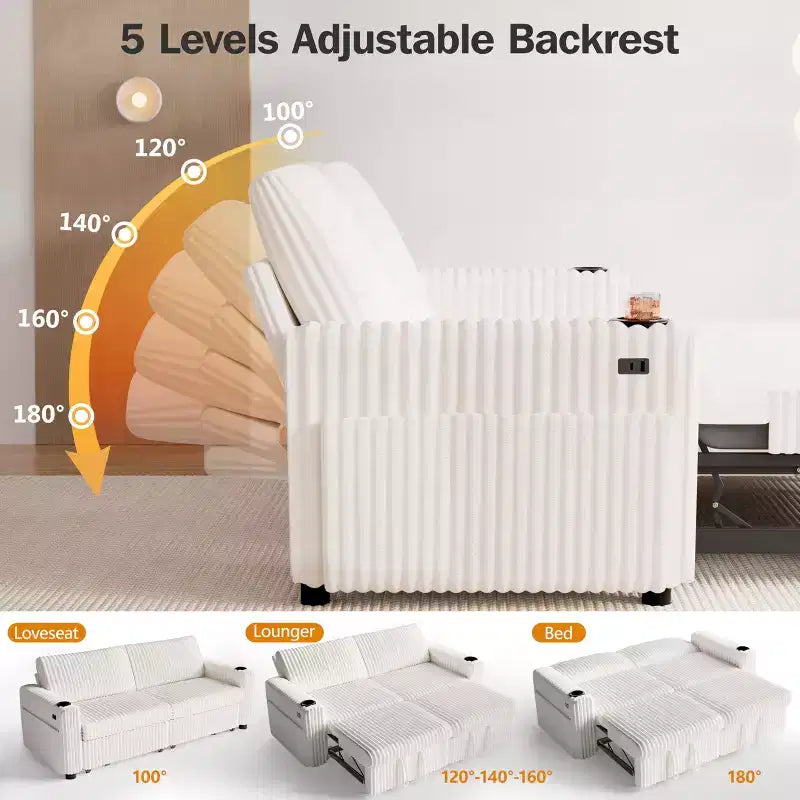 Divano Letto Sezionale Dyonery 91 con Letto Estraibile, Schienale Reclinabile/Due Letti Estraibili/Porte USB/Portabicchieri, Velluto a Coste Peluche