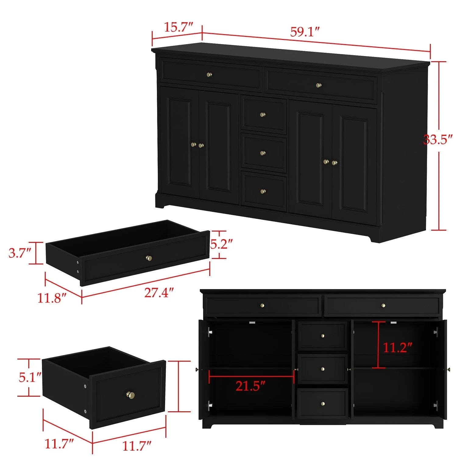 59.1'' Credenza Buffet Bianco Laccato Moderno Metà Secolo Contemporaneo