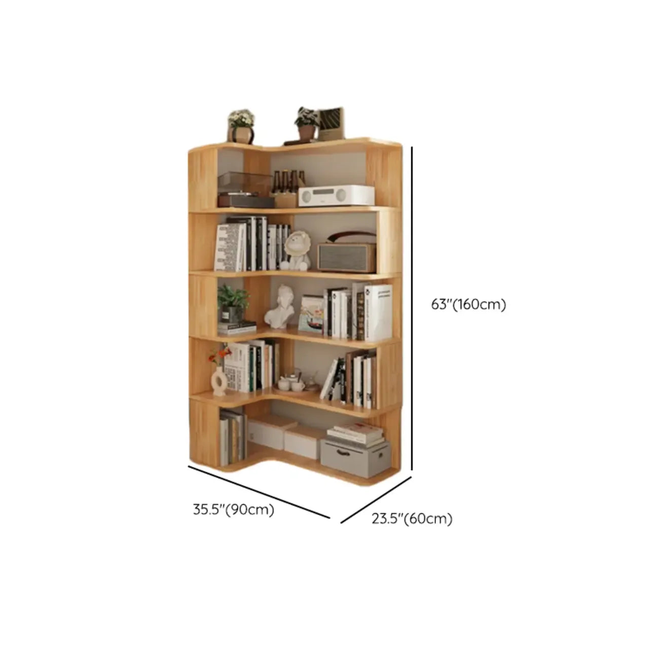 Libreria verticale angolare in legno con schienale aperto e finitura naturale