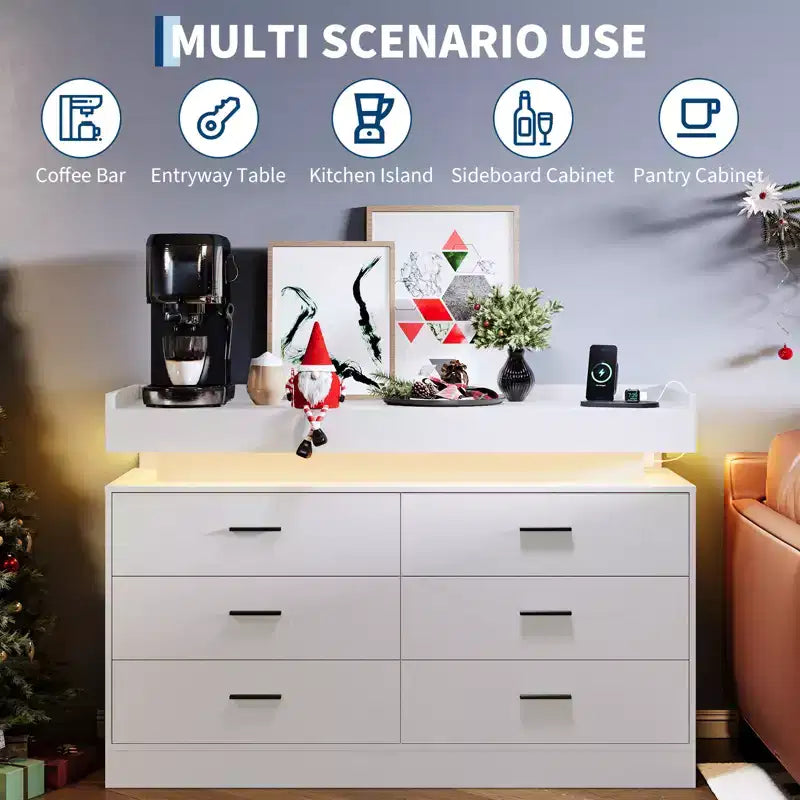 Mobile TV moderno con 6 cassetti e luci LED, bancone galleggiante per caffè/bar, per soggiorno, centro di intrattenimento