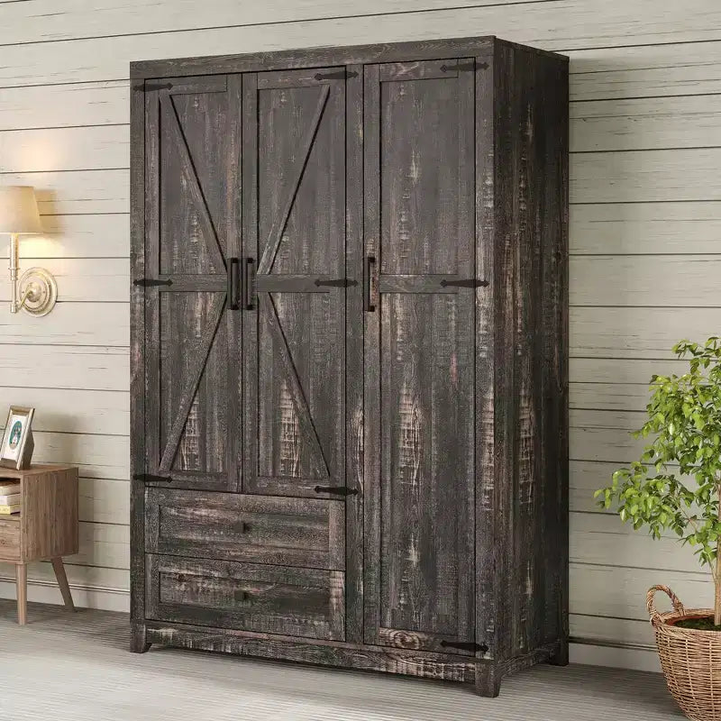 AMERLIFE Armoire de garde-robe de ferme 47 avec 3 portes, 2 tiroirs, tringle à vêtements et étagères réglables, organisateur de placard autoportant