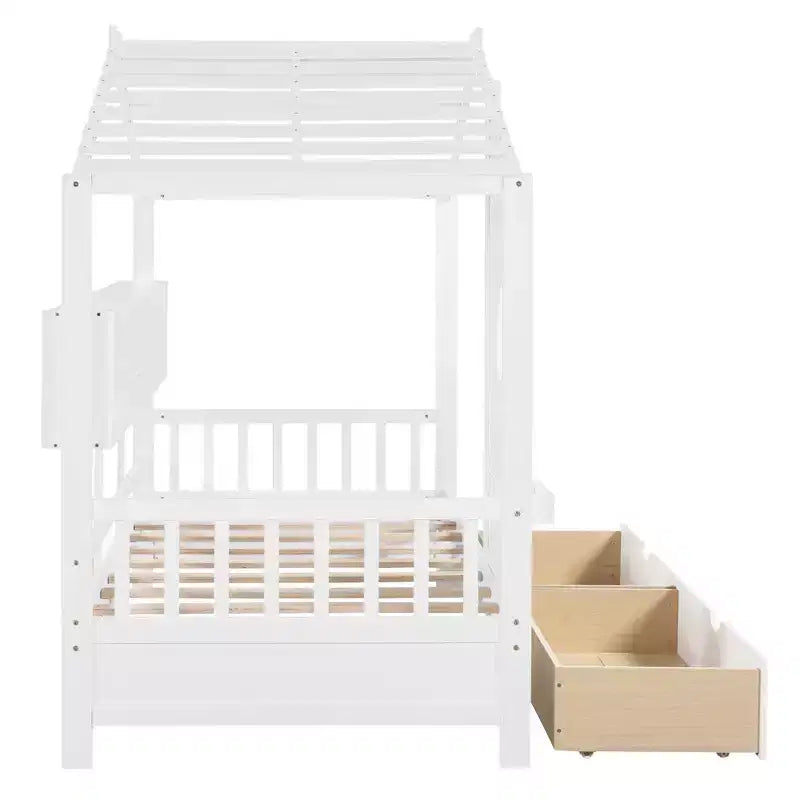 Letto a casetta in legno per bambini, piazza singola/matrimoniale, con 2 cassetti e ripiano portaoggetti - ModernLuxe